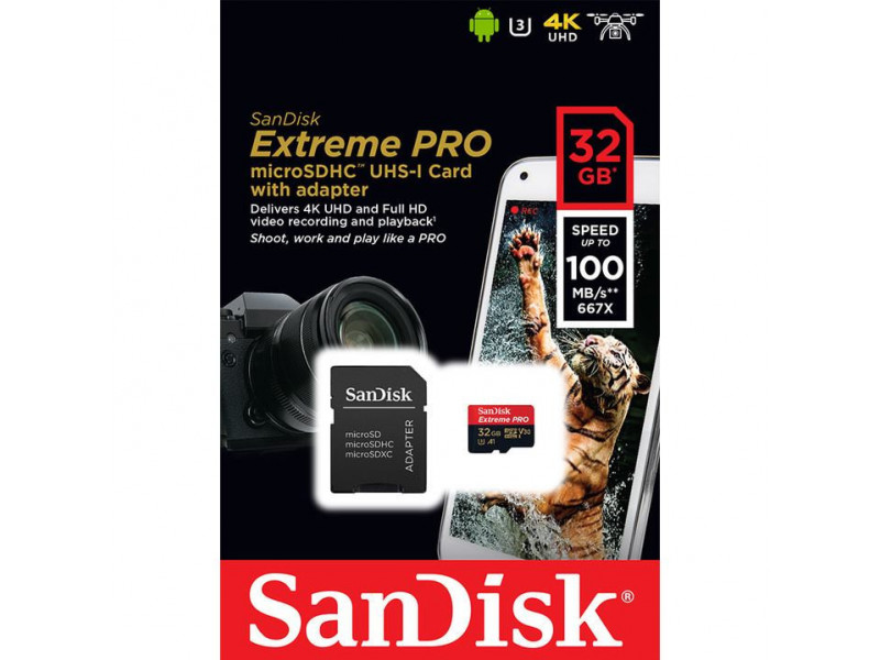SanDisk Extreme PRO SDHC 32GB 100MB/s V30 + ada