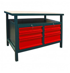 Dielenský pracovný stôl so šiestimi zásuvkami, antracit / červená