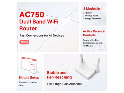 WiFi router TP-Link MERCUSYS MR20 AC750 dual AP/router, 2x LAN, 1x WAN/ 300Mbps 2,4/ 433Mbps 5GHz