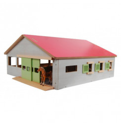 Kids Globe Stajňa pre kone s 3 boxmi a vnútornou jazdiarňou, s ružovou strechou 1:32