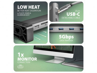 HMC-10HLS HUB 3xUSB-A HDMI RJ45 mSD 100W