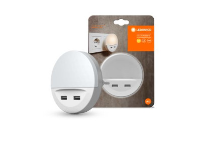 Svietidlo LEDVANCE LUNETTA® USB, LED do zásuvky, 2x USB nabíjací port, 3lm, 3000K, senzor deň-noc