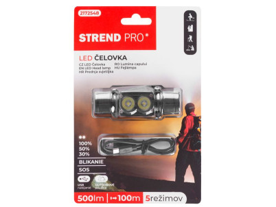 Čelovka Strend Pro Headlight H4016, 2xXPG LED 500 lm, 2000 mAh, USB nabíjanie, vodeodolná, odnímateľné svietidlo