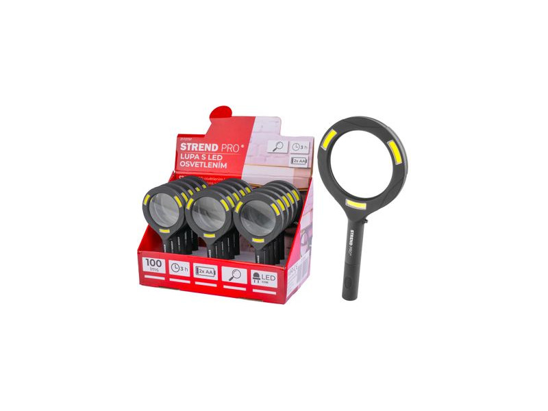 Lupa so svetlom Strend Pro 113x242x22 mm, 2xAA, LED 100 lm, 3x LED osvetlenie, na čítanie, Sellbox 15 ks