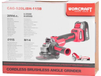 Brúska Worcraft CAG-S20LiBH ShareSYS, 115 mm, uhlová, SET v kufri, s batériou a nabíjačkou,  20V, 1x Li-ion, bezuhlíková