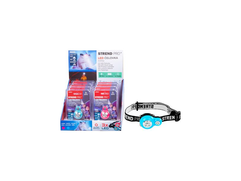 Čelovka Strend Pro Headlight, LED, 15 lm, mini, ružová/modrá, Sellbox 8 ks