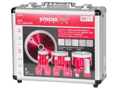 Sada vyrezávačov Strend Pro Premium, 6-8-10-20-35-50-68 mm, adaptér, fréza na zväčšovanie dier, kotúč, M14, diamant, korunky, pr
