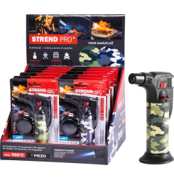 Zapaľovač Strend Pro Mini horák so stojanom, kamufláž, plniteľný, 75x45x120 mm, Sellbox 12 ks