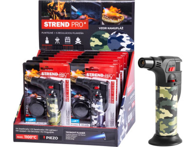 Zapaľovač Strend Pro Mini horák so stojanom, kamufláž, plniteľný, 75x45x120 mm, Sellbox 12 ks