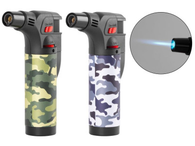 Zapaľovač Strend Pro Mini horák so stojanom, kamufláž, plniteľný, 75x45x120 mm, Sellbox 12 ks