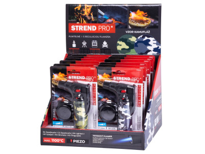 Zapaľovač Strend Pro Mini horák so stojanom, kamufláž, plniteľný, 75x45x120 mm, Sellbox 12 ks