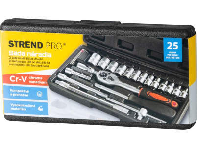 Sada náradia Strend Pro, 25 dielna, hlavice, 1/4" račňa, v kufri
