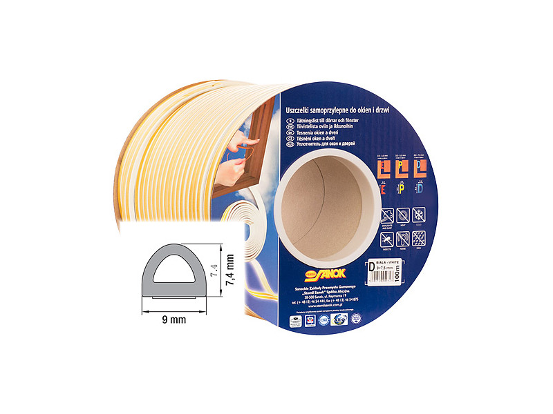 Tesnenie Stomil SD-1CX/6-0, profil D, 9x7.4 mm, L-6 m, na okná a dvere, biele