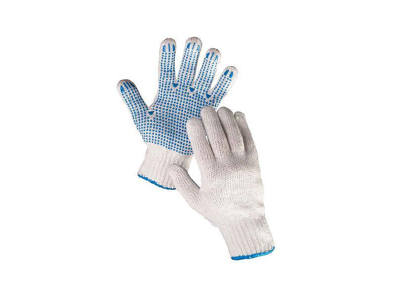 Rukavice PLOVER 09/L, pletené, polyester, PVC terčíky, s blistrom