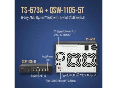 QNAP TS-673A-SW5T, NAS Server 6xHDD+Switch