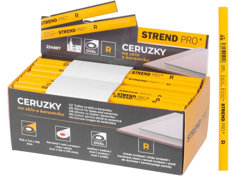 Ceruzka Strend Pro, 176 mm, červená tuha, oválna, na sklo a keramiku, Sellbox 72 ks