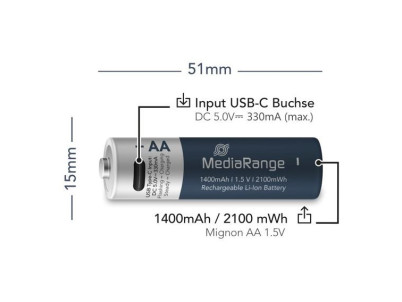 MEDIARANGE Batérie nabíjateľné AA, USB-C, 4ks