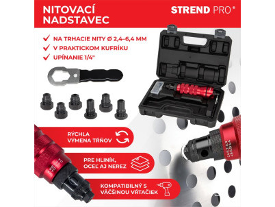 Nadstavec na vŕtačku Strend Pro Premium, 1/4", 2,4 - 6,4 mm nitovací, pre trhacie nity, v kufri