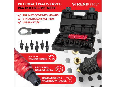 Nadstavec na vŕtačku Strend Pro Premium, 1/4", M3 - M10, nitovací, pre maticové nity, v kufri Nadstavec na vŕtačku Strend Pro Premium, 1/4", M3 - M10, nitovací, pre maticové nity, v kufri