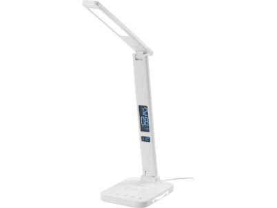 Lampa Strend Pro, stolná, LED, bezdrôtové nabíjanie, voľba intenzity svetla, s displejom, hodiny, budík, teplomer, 4 W, biela