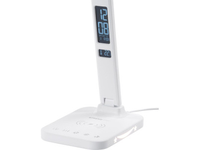 Lampa Strend Pro, stolná, LED, bezdrôtové nabíjanie, voľba intenzity svetla, s displejom, hodiny, budík, teplomer, 4 W, biela