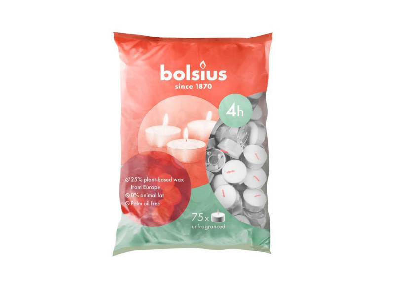 Sviečka Bolsius, čajová, 4 hod., biela, bal. 75 ks