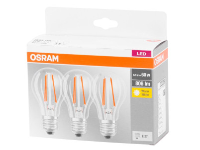Žiarovka OSRAM® BASIC LED FR 60 (ean9351) non-dim 6,5W/827 E27 2700K MULTIPACK, Star CLASSIC A