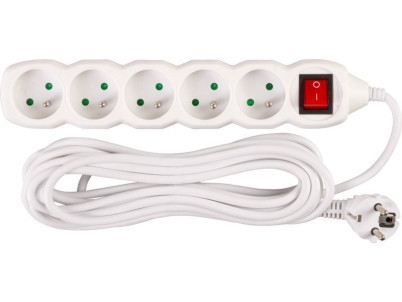 Kábel DG-F805BK L-5 m, predlžovací, biely, 5x zásuvka + vypínač, new edition Kábel DG-F805BK L-5 m, predlžovací, biely, 5x zásuvka + vypínač, new edition