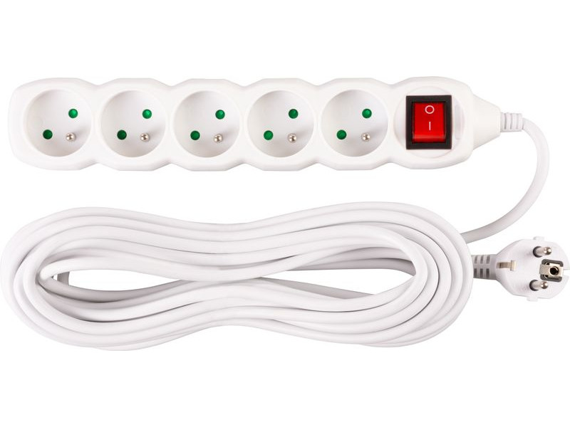 Kábel DG-F805BK L-10 m, predlžovací, biely, 5x zásuvka + vypínač, new edition