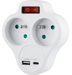 Zásuvka Strend Pro, rozbočovacia, rozdvojka, biela, 2x 16 A, USB A+C, vypínač