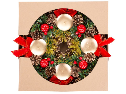 Veniec MagicHome Vianoce, prírodný, adventný, červený, 25 cm