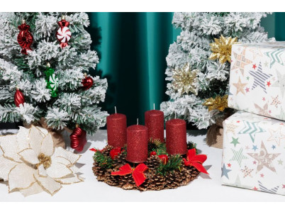 Veniec MagicHome Vianoce, prírodný, adventný, červený, 25 cm