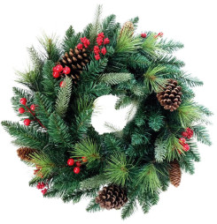 Veniec MagicHome Vianoce, Berry, prírodný, s čečinou a šiškami, 45 cm