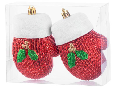 Ozdoba MagicHome Vianoce, sada, 2 ks, 10 cm, rukavice, červené, na vianočný stromček