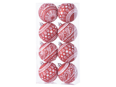 Gule MagicHome Vianoce, 8 ks, 6 cm, červené s bielym ornamentom, s glitrami, na vianočný stromček