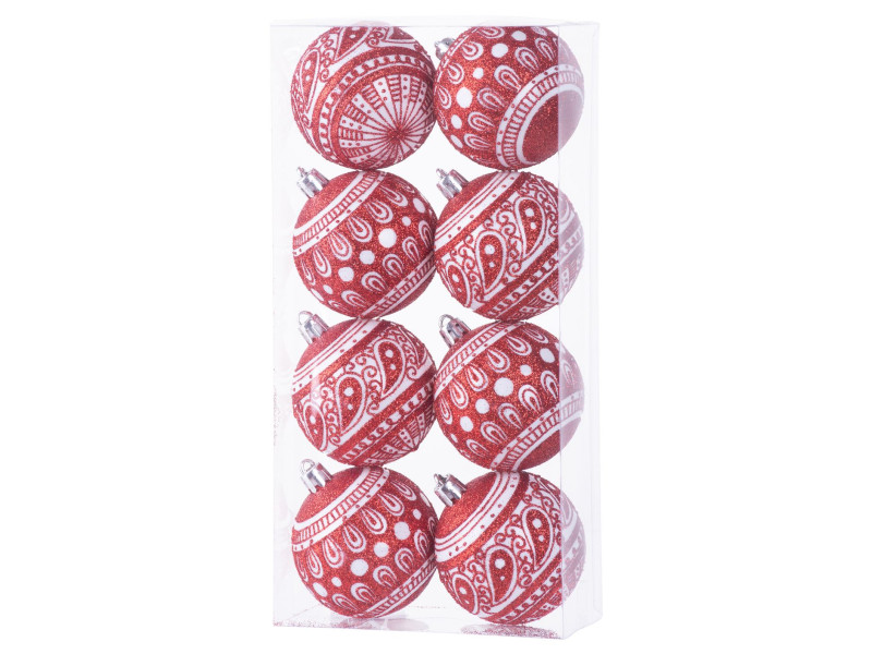 Gule MagicHome Vianoce, 8 ks, 6 cm, červené s bielym ornamentom, s glitrami, na vianočný stromček