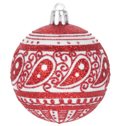 Gule MagicHome Vianoce, 8 ks, 6 cm, červené s bielym ornamentom, s glitrami, na vianočný stromček