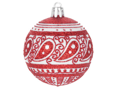 Gule MagicHome Vianoce, 8 ks, 6 cm, červené s bielym ornamentom, s glitrami, na vianočný stromček