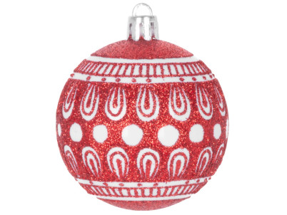 Gule MagicHome Vianoce, 8 ks, 6 cm, červené s bielym ornamentom, s glitrami, na vianočný stromček