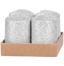 Sviečka MagicHome Vianoce, 4x6 cm, valcová, bal. 4 ks, strieborná, s glitrami, adventná