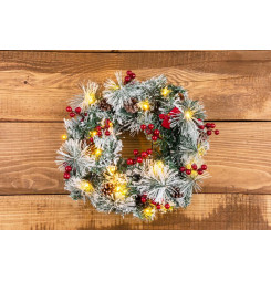 Veniec MagicHome Vianoce, prírodný, so šiškami, 20x LED, teplá biela, 3xAA, 8 funkcií, 30 cm