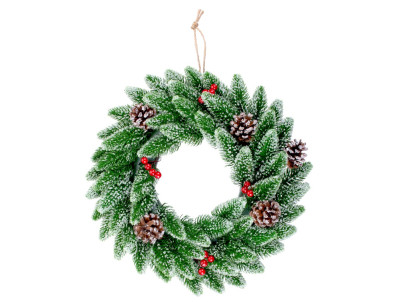 Veniec MagicHome Vianoce, s bobuľkami, prírodný, zasnežený, 33 cm Veniec MagicHome Vianoce, s bobuľkami, prírodný, zasnežený, 33 cm