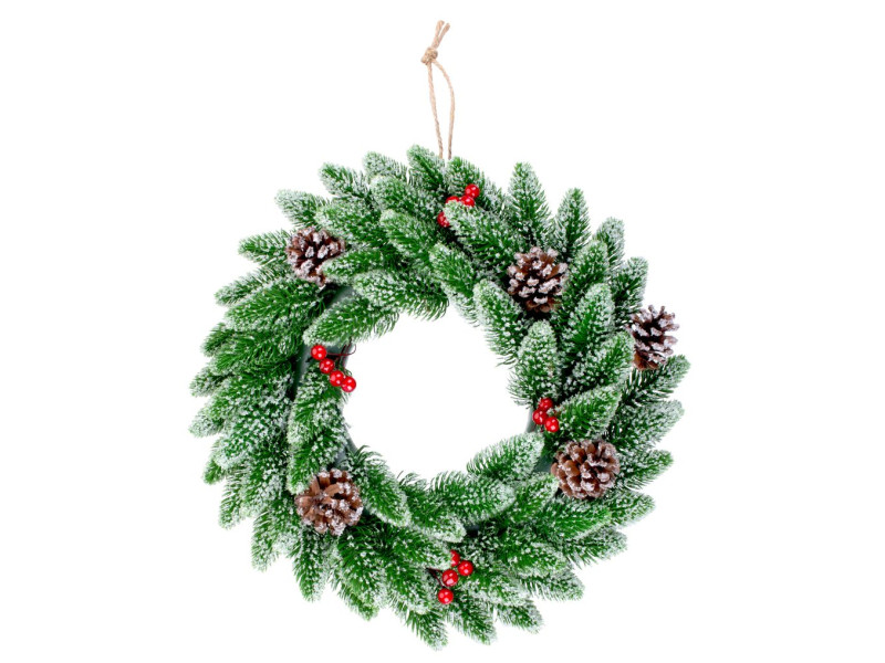 Veniec MagicHome Vianoce, s bobuľkami, prírodný, zasnežený, 33 cm Veniec MagicHome Vianoce, s bobuľkami, prírodný, zasnežený, 33 cm