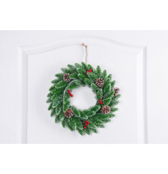 Veniec MagicHome Vianoce, s bobuľkami, prírodný, zasnežený, 33 cm