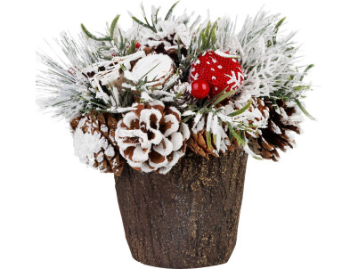 Ikebana MagicHome Vianoce, so zasneženou čečinou, imitácia deva 18 cm