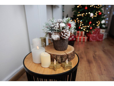 Ikebana MagicHome Vianoce, so zasneženou čečinou, imitácia deva 18 cm