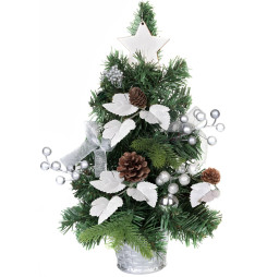 Stromček MagicHome Vianoce, ozdobený, strieborný, s listami, 40 cm