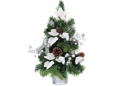 Stromček MagicHome Vianoce, ozdobený, strieborný, s listami, 40 cm