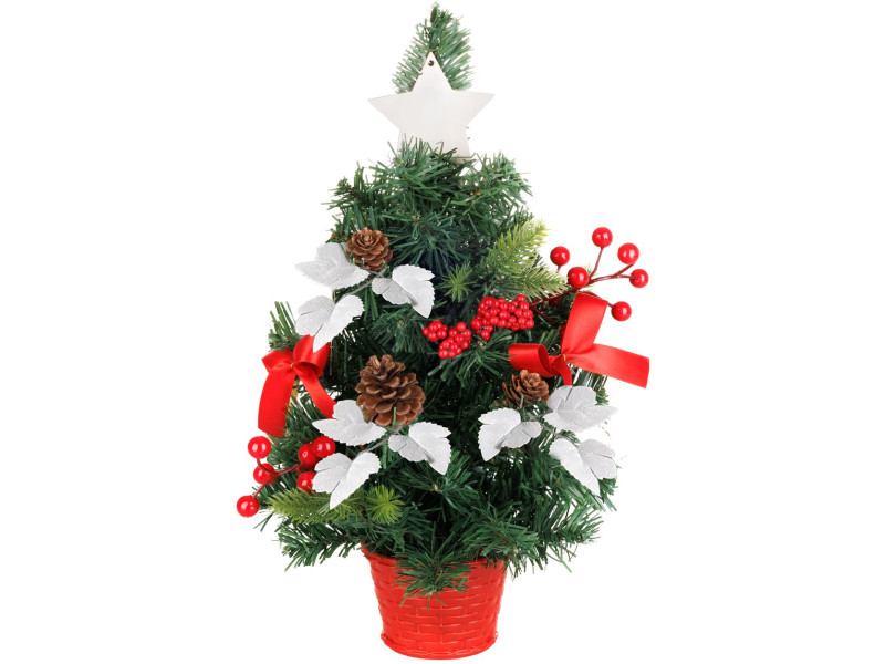 Stromček MagicHome Vianoce, ozdobený, červený, s listami, 40 cm