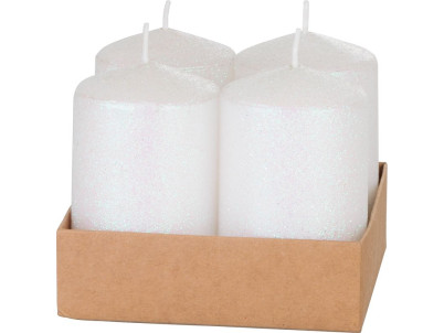 Sviečka MagicHome Vianoce, 4,8x8 cm, valcová, bal. 4 ks, biela, s glitrami, adventná